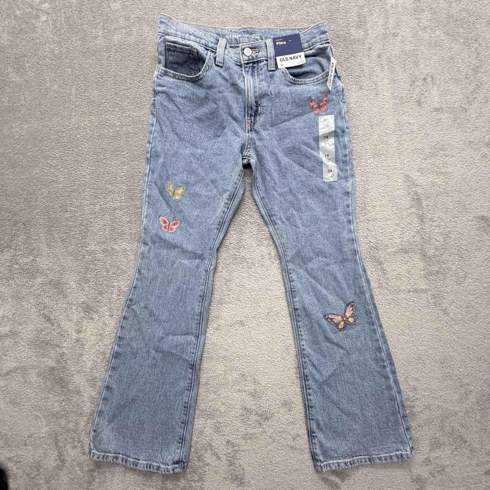 Old Navy Jeans Girls 14 Blue‎ Flared High-Rise Adjustable Waist Embroidered